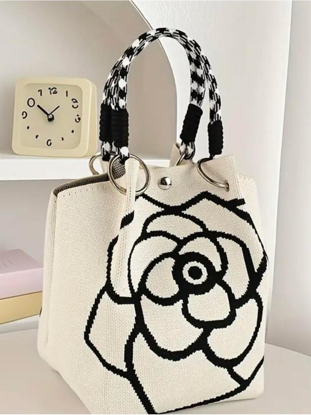 Stylish Cream & Black Floral Tote Bag